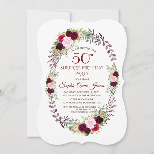 Burgundy Marsala bloemenkrans 50e verjaardag Kaart (Voorkant)