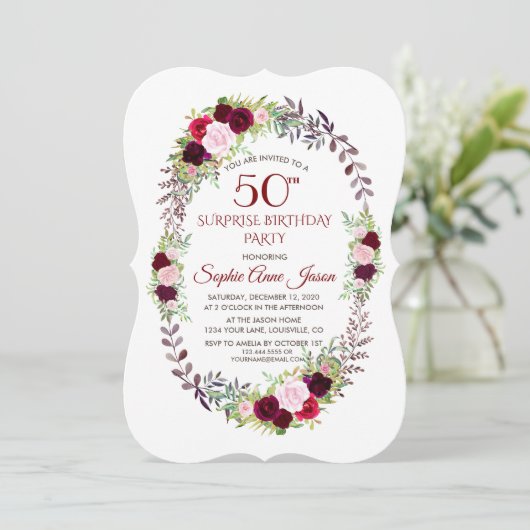 Burgundy Marsala bloemenkrans 50e verjaardag Kaart (Staand voorkant)