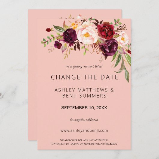 Burgundy Marsala Bloemige Datumwijziging - Roze 2 Kaart (Voorkant / Achterkant)