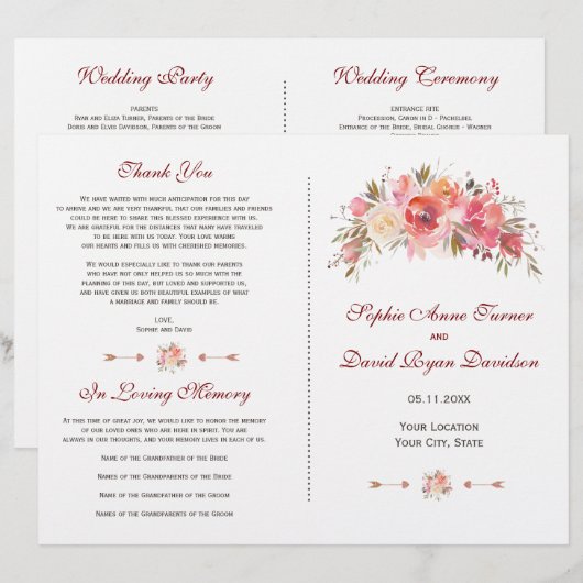 Burgundy Marsala Bloemige Geweiprogramma's voor Tr (Voorkant / Achterkant)