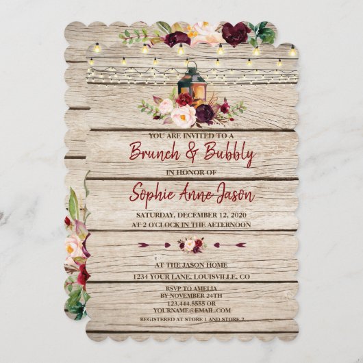 Burgundy Marsala Bloemlantaarn Brunch & Bruisend Kaart (Voorkant / Achterkant)