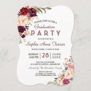 Burgundy Marsala Blush Floral Graduation Party Kaart