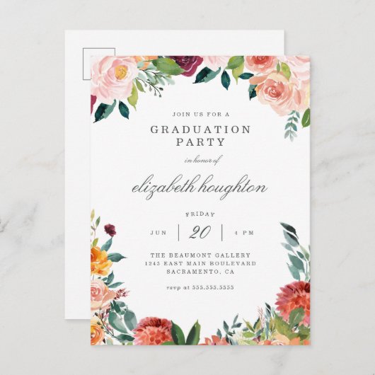 Burgundy Marsala Blush Floral Graduation Party Uitnodiging Briefkaart (Voorkant / Achterkant)