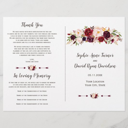 Burgundy Marsala Blush Floral Wedding Programme (Voorkant)