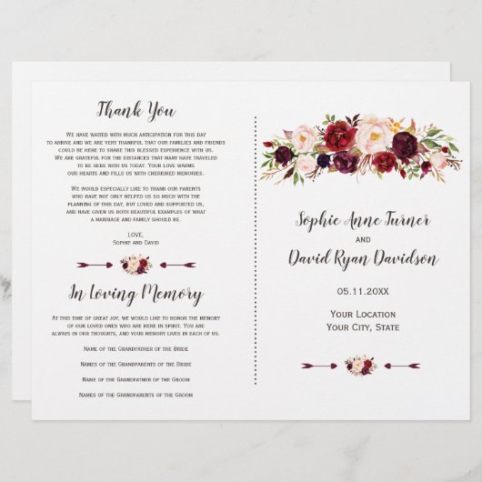 Burgundy Marsala Blush Floral Wedding Programme (Voorkant / Achterkant)
