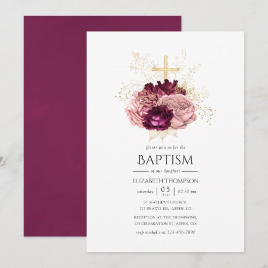 Burgundy Marsala Blush Pink and Gold Baptism Kaart (Voorkant / Achterkant)