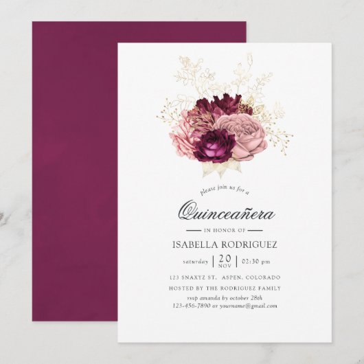 Burgundy - Marsala Blush Pink en Gold Quinceañera Kaart (Voorkant / Achterkant)