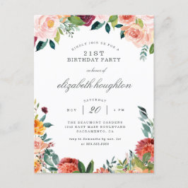 Burgundy Marsala Blush Pink Floral Birthday Party Uitnodiging Briefkaart