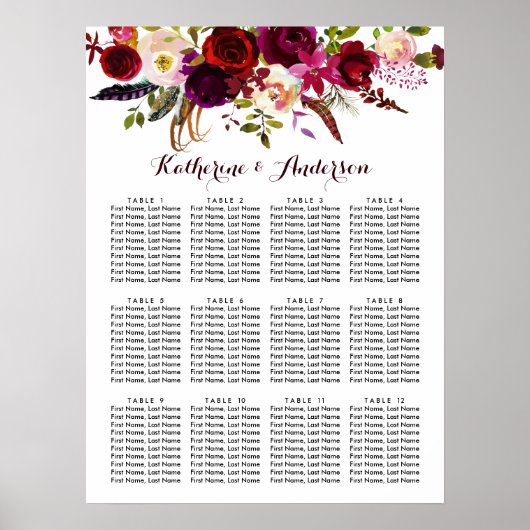 Burgundy Marsala Boho Floral Wedding Seating Chart Poster (Voorkant)