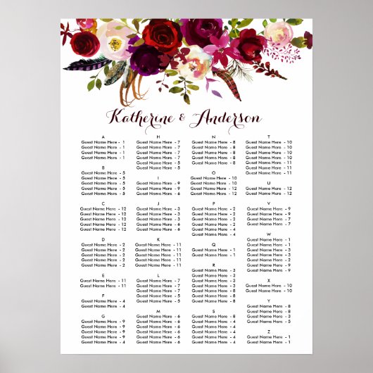 Burgundy Marsala Boho Floral Wedding Seating Chart Poster (Voorkant)