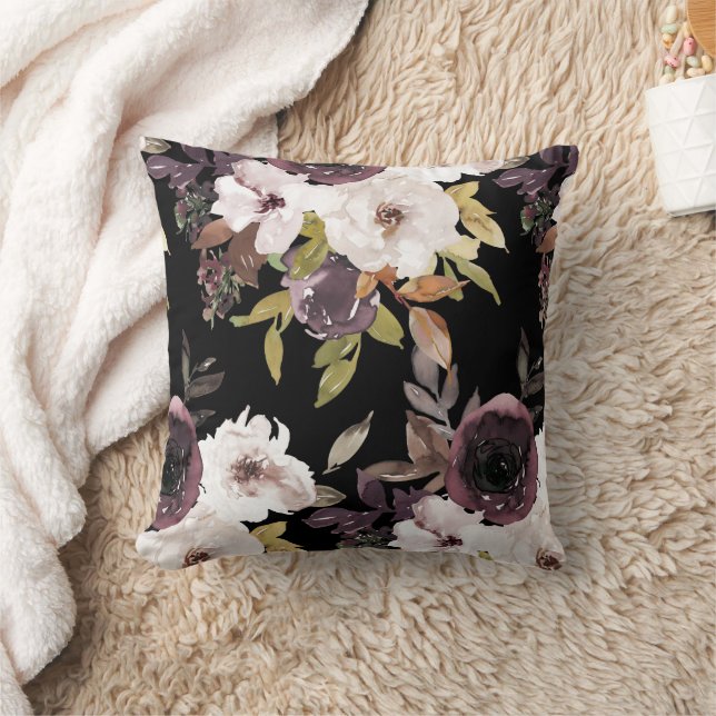 Burgundy Marsala Cream Waterverf Floral Black Kussen (Deken)