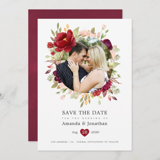 Burgundy - Marsala en Blush Bloemen Bruiloft Save The Date (Voorkant / Achterkant)