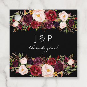 Burgundy Marsala en Blush Bloemen - Zwart Bedankjes Labels