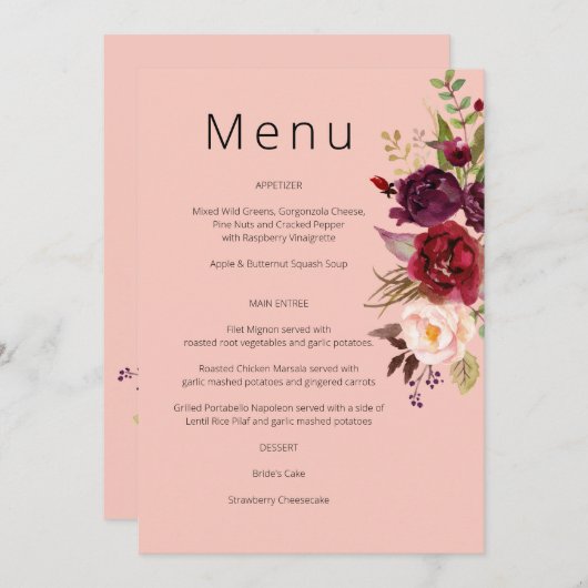 Burgundy Marsala en Blush Bloemenmenu - Roze 2 In Kaart (Voorkant / Achterkant)