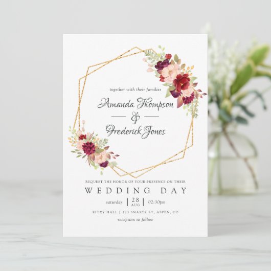 Burgundy-Marsala en Blush Boho Geometric Wedding Kaart (Staand voorkant)