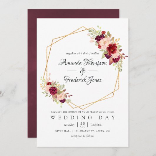 Burgundy-Marsala en Blush Boho Geometric Wedding Kaart (Voorkant / Achterkant)