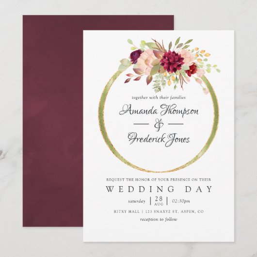 Burgundy-Marsala en Blush Boho Geometric Wedding Kaart (Voorkant / Achterkant)