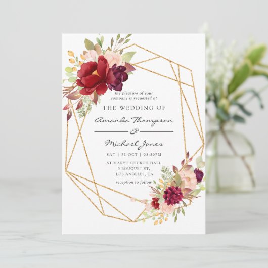 Burgundy-Marsala en Blush Boho Geometric Wedding Kaart (Staand voorkant)