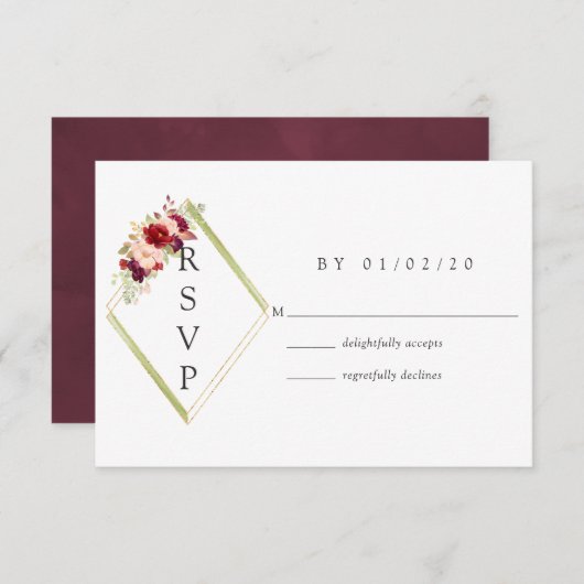 Burgundy-Marsala en Blush Boho Geometric Wedding RSVP Kaartje (Voorkant / Achterkant)