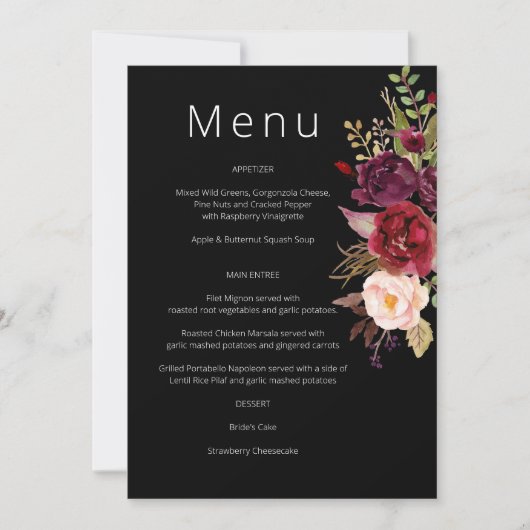 Burgundy Marsala en Blush Floral Menu - Black Inv Kaart (Voorkant)