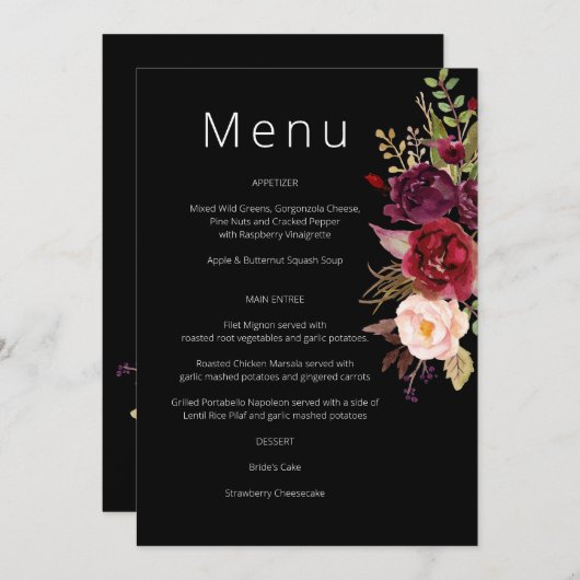 Burgundy Marsala en Blush Floral Menu - Black Inv Kaart (Voorkant / Achterkant)