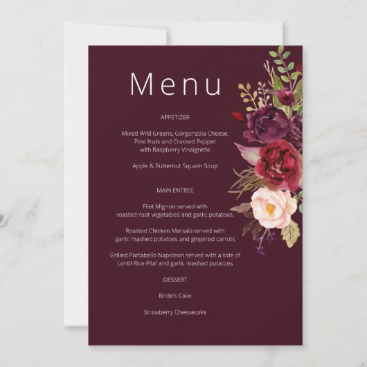Burgundy Marsala en Blush Floral Menu Invitation Kaart (Voorkant)