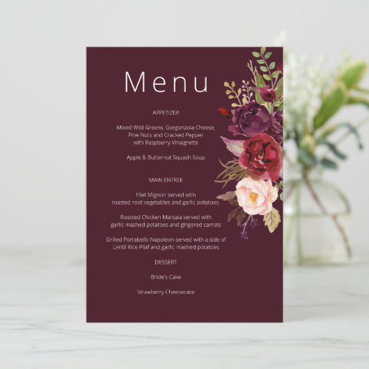 Burgundy Marsala en Blush Floral Menu Invitation Kaart (Staand voorkant)