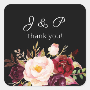 Burgundy Marsala en Blush Floral Monogram - zwart Vierkante Sticker