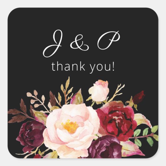 Burgundy Marsala en Blush Floral Monogram - zwart Vierkante Sticker (Voorkant)