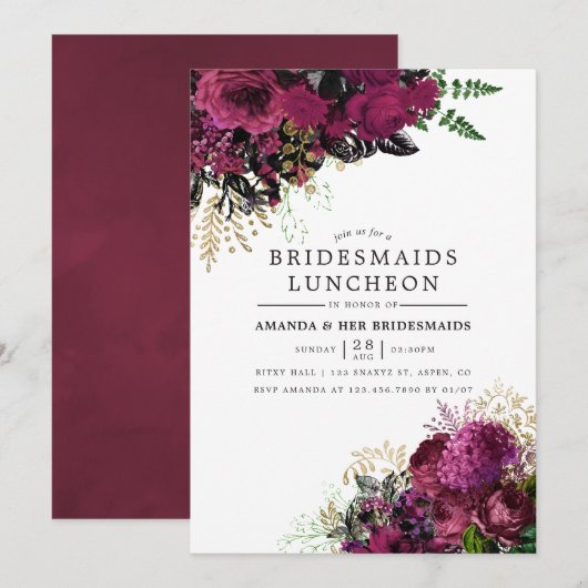 Burgundy - Marsala en Gold Bridesmaids Luncheon Kaart (Voorkant / Achterkant)