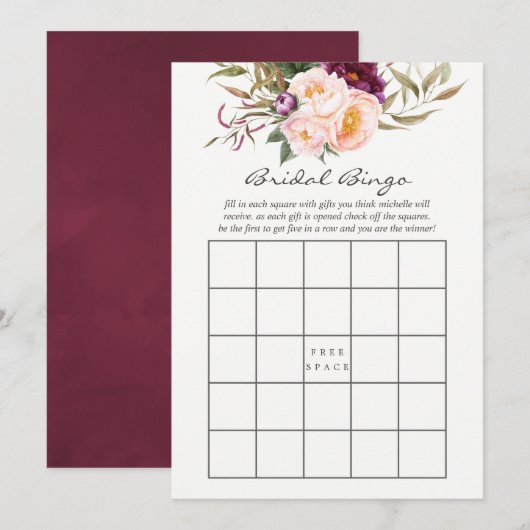 Burgundy - Marsala en Peach Floral Bridal Bingo Kaart (Voorkant / Achterkant)
