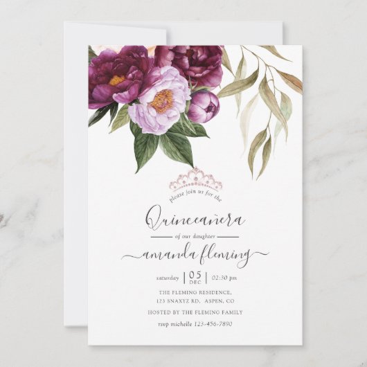 Burgundy - Marsala en Peach Floral Quinceañera Kaart (Voorkant)