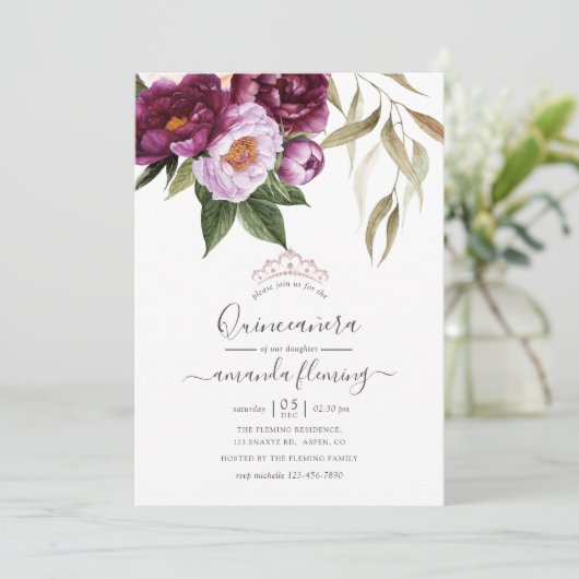 Burgundy - Marsala en Peach Floral Quinceañera Kaart (Staand voorkant)