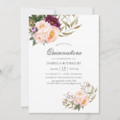 Burgundy - Marsala en Peach Floral Quinceañera Kaart (Voorkant)