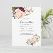 Burgundy - Marsala en Peach Floral Quinceañera Kaart (Staand voorkant)