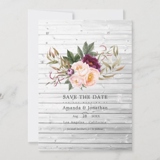 Burgundy - Marsala en Perzik Landelijke Bloemige B Save The Date (Voorkant)