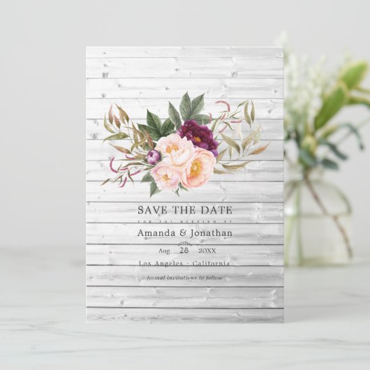 Burgundy - Marsala en Perzik Landelijke Bloemige B Save The Date (Staand voorkant)