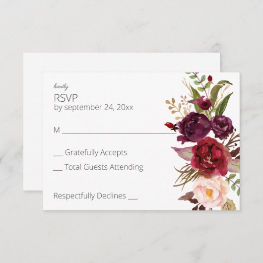 Burgundy Marsala en Pink Floral no Meal - Roze RSVP Kaartje (Voorkant / Achterkant)