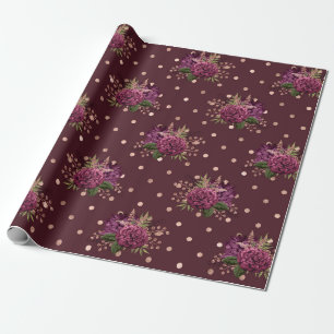 Burgundy - Marsala en Rose Goud Bloem Cadeaupapier