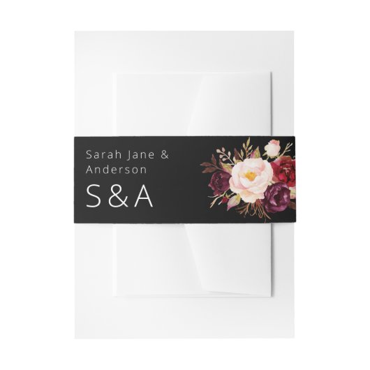 Burgundy Marsala en Roze Floral - Zwart Uitnodigingen Wikkel (Voorkant Voorbeeld)