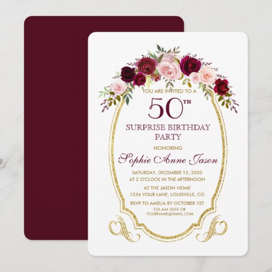 Burgundy Marsala Floral 50ste SurPrize Birthday Kaart (Voorkant / Achterkant)