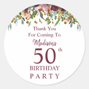 Burgundy Marsala Floral 50th Birthday Hartelijk da Ronde Sticker
