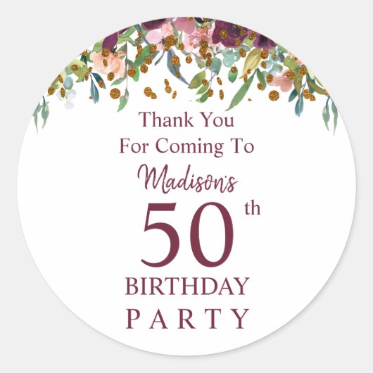 Burgundy Marsala Floral 50th Birthday Hartelijk da Ronde Sticker (Voorkant)