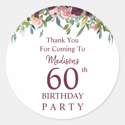Burgundy Marsala Floral 60th Birthday Hartelijk da Ronde Sticker (Voorkant)