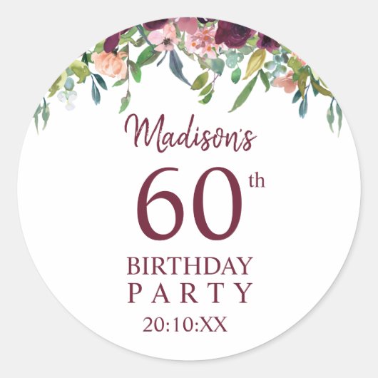 Burgundy Marsala Floral 60th Birthday Party Ronde Sticker (Voorkant)