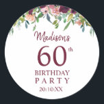 Burgundy Marsala Floral 60th Birthday Party Ronde Sticker<br><div class="desc">Moderne waterverf met bloemen in Bourgogne Marsala met Blauwe Groene bladeren. Dit is een sjabloon die je kunt gebruiken om je partijgegevens toe te voegen aan. Als u de kleur of de stijl van de doopvont zou willen veranderen past de klik verder aan het eind van de sjabloon aan.</div>