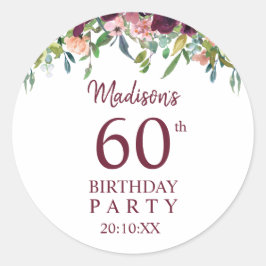 Burgundy Marsala Floral 60th Birthday Party Ronde Sticker