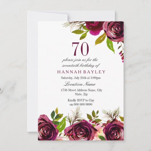 Burgundy Marsala Floral 70th Birthday Invite Kaart (Voorkant)