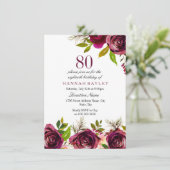 Burgundy Marsala Floral 80th Birthday Invite Kaart (Staand voorkant)