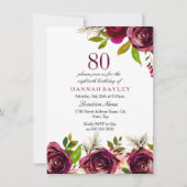 Burgundy Marsala Floral 80th Birthday Invite Kaart (Voorkant)